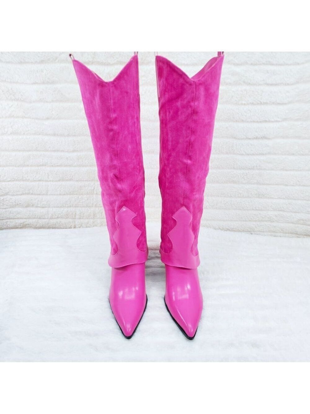 Branded Fuchsia Pink Skirted Fold Over Western Shark Knee High Cowgirl Boots - Picture 7 of 11